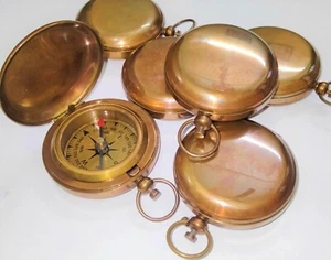Antique Brown Set of 12 Brass Push Button Pocket Lid Compass Nautical Compass - Picture 1 of 4