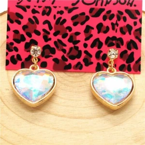 Betsey Johnson Colorful AB Crystal Heart Gold Drop Dangle Earrings Free Gift Bag - Picture 1 of 2