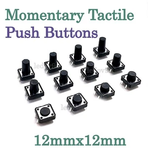 Momentary Tactile Switch Black Push Button 12x12mm Miniature PCB Mounted UK - Imagen 1 de 13