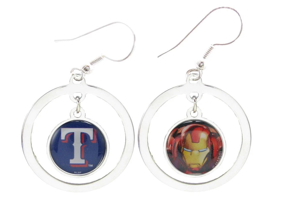 Texas Rangers Iron Man Two Sided Silver Hoop Wire Earrings Marvel MLB Jewelry - Image 1 of 1