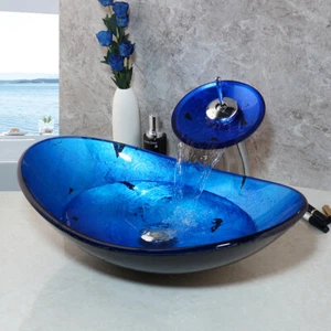 Oval Hand Paint Bathroom Tempered Glass Basin Vessel Sink Mixer Waterfall Tap - Picture 1 of 8