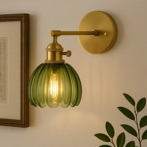 Vintage Green Glass Wall Sconce 2-Pack, Gold Bronze Body, E26 Base - Picture 1 of 13
