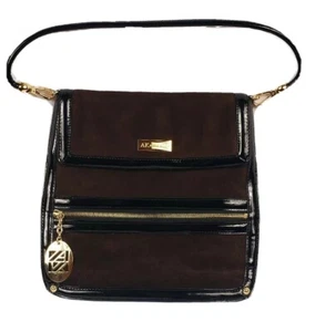 Anne Klein Zip Gold Brown Suede Shoulder Bag Purse - Picture 1 of 7