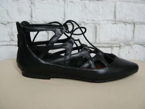 Mia Anamarie Black Strappy Ballet Flat Pointed Toe Lace Up Shoes 7.5 NEW M520 - Picture 1 of 7