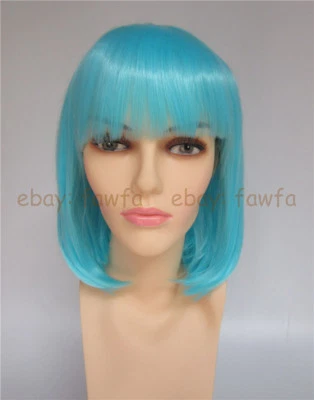 Azul Moda Niña Mujeres Flequillo Completo Peluca Corta Liso Bob Cabello Juegos con disfraces Fiesta Foto 1 de 4