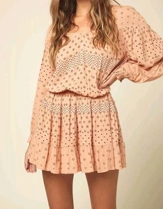 O'NEILL Amaryn Boho Short dress long Balloon sleeve Peach Black Color Small - Picture 1 of 10