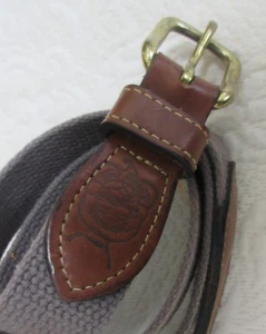 VTG REEF RIDERS BROWN LEATHER CANVAS embroidered FISH BELT brass buckle sz 38 - Picture 1 of 5