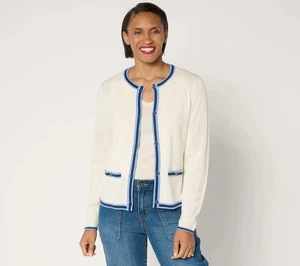 Joan Rivers Button-Front Sweater Cardigan with Tipping-Ivory-Medium-NEW-A682113 - Picture 1 of 2