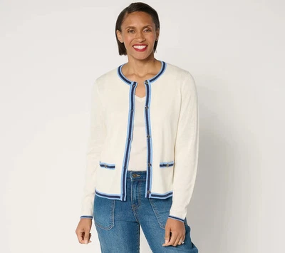 Joan Rivers Button-Front Sweater Cardigan with Tipping-Ivory-Medium-NEW-A682113 - Image 1 of 2
