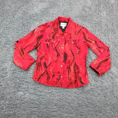Chicos Jacket Womens Size 1 Red Black Abstract Print Button Up Cotton Blend Top - Image 1 of 4