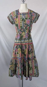 Vintage 1950s Fit & Flare Print Dress Ric Rac Trim Country Club Frocks Sz S - Picture 1 of 20