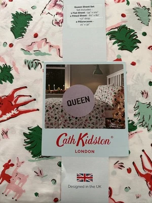Cath Kidston  Queen Sheet Set 4pc Santa,Reindeer,Trees  Red & Green, New - Image 1 of 2
