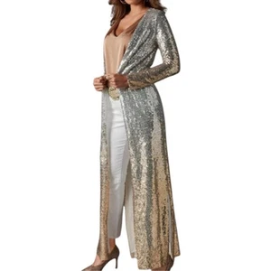 Cardigan trench donna Alexia Admor argento oro ombreggiato paillettes spolverino taglia M nuovo con etichette - Foto 1 di 10