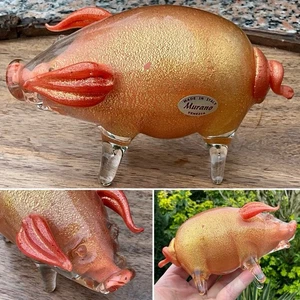 RARO MURANO NASON VENINI MELOCOTÓN LÁMINA DE ORO TRANSPARENTE CERDO 6” FIGURA PISAPAPELES ETIQUETA - Imagen 1 de 13