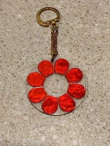 Vintage RETRO FLOWER DESIGN Keychain Braided Chain Pink Reverse Red Plastic  - Picture 1 of 2