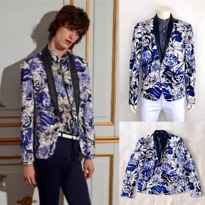 Roberto Cavalli Men’s Floral Print Tuxedo Blazer with Genuine Snakeskin Lapel - Image 1 of 4