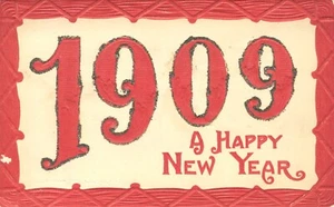 Postkarte 1909 ein frohes neues Jahr geprägt Glitzer appliziert 1909 - Bild 1 von 2