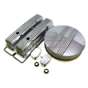 Cubierta de válvula alta de aluminio pulido Chevy SBC + Kit de vestir de motor de filtro de aire de 14" - Imagen 1 de 8