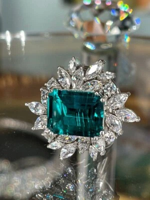 Anillo de fiesta de boda real para mujer 11,78 TCW verde azulado esmeralda y zafiro blanco Foto 1 de 4
