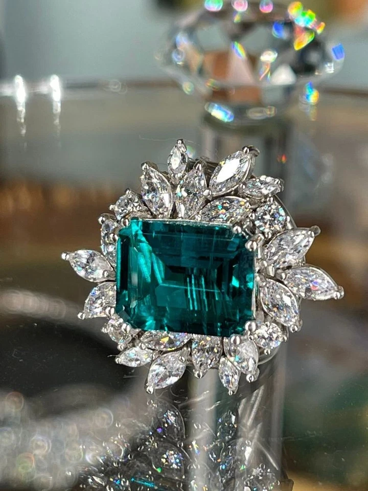 Anillo de fiesta de boda real para mujer 11,78 TCW verde azulado esmeralda y zafiro blanco Foto 1 de 4