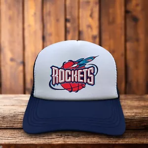 Houston Rockets Mens Trucker Hat Navy Snapback Retro Basketball Logo Ball Cap - Picture 1 of 6
