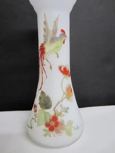 Antique Victorian White Satin BRISTOL GLASS Slender Vase Red Asian Rooster Flora - Picture 1 of 9