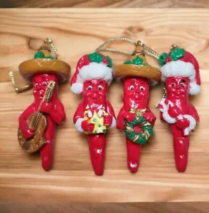 Vintage Red Hot Chili Pepper Christmas Ornaments Anthropomorphic Lot Of 4 - Picture 1 of 6