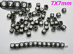 200 Black Assorted Number "#" Acrylic Cube Pony Beads 7X7mm