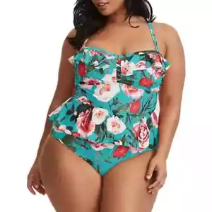 2 Piece SwimSuit Women's Sz L Convertible Adjustable Straps Blue Tropical Floral - Picture 1 of 2