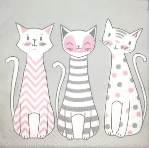 M465# 3 x Single Paper Napkins Decoupage Craft Painted White Pink Cats on Grey - Picture 1 of 12