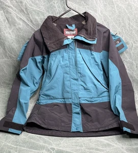 Marmot Goretex Ski Jacket Med. Blue Black Water Proof Mock Neck Hooded Gore Tex - Picture 1 of 7