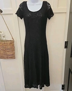 Vestido midi vintage negro de encaje espalda en V profunda 3D rosa manga gorra cóctel fiesta XXS - Imagen 1 de 9