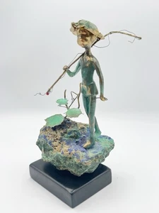 Malcolm Moran Bronze Copper Sculpture Fishing Boy Pole Signed Fisherman Vtg READ - Picture 1 of 14