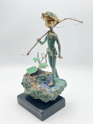 Malcolm Moran Bronze Copper Sculpture Fishing Boy Pole Signed Fisherman Vtg READ - Image 1 of 4