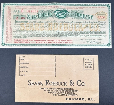 Antique Early 1900s Sears, Roebuck & Co. Ad Envelope & Profit Sharing Certif. - Image 1 of 4