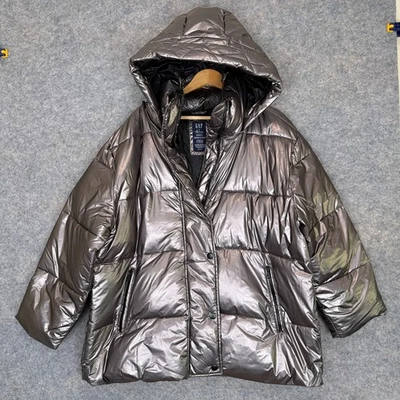 GAP Heavyweight Oversized Puffer Jacket Womens XL Silver Gray Primaloft Metallic - Image 1 of 4