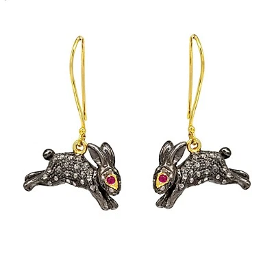 925 Plata Conejo Pendientes Diamante Pavé Rubí Piedras Preciosas Pascua Finas... - Imagen 1 de 4