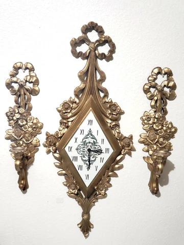 Vtg Syroco Wall Clock Gold Hollywood Regency Bowtie w/2 Candle Holders-WORKS-31" Cover