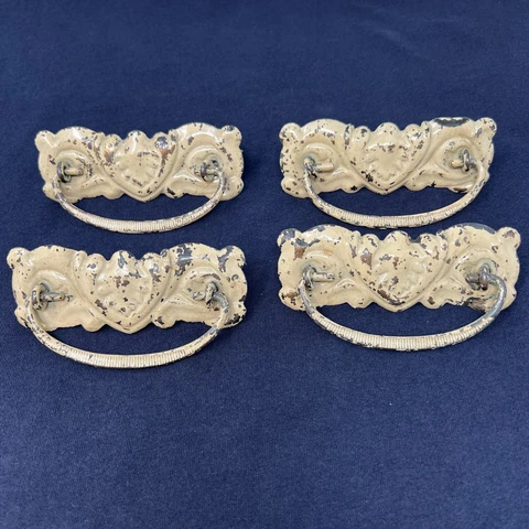 4 Antique Victorian Ornate Metal Drawer Pulls with Drop Bail Handles Cover