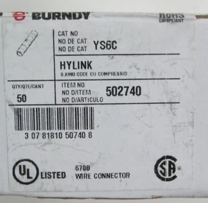 50x BURNDY HYLINK YS6C 502740 BUTT/ COPPER COMPRESSION SPLICE CONNECTOR 6-AWG - Picture 1 of 2