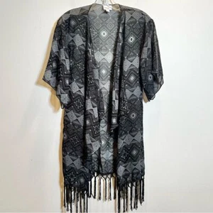 LuLaRoe Sheer Duster Kimono Cardigan Women's Small Black Gray Tassel Fringe - Picture 1 of 6