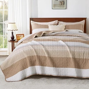Andency Taupe Striped Quilt King 106x96Inch, 3 Pieces -1 Quilt and 2 Pillowcase - Picture 1 of 9