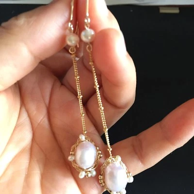 100% Baroque freshwater pearl 14K Gold Filled Tassels earrings Original works - Image 1 of 4