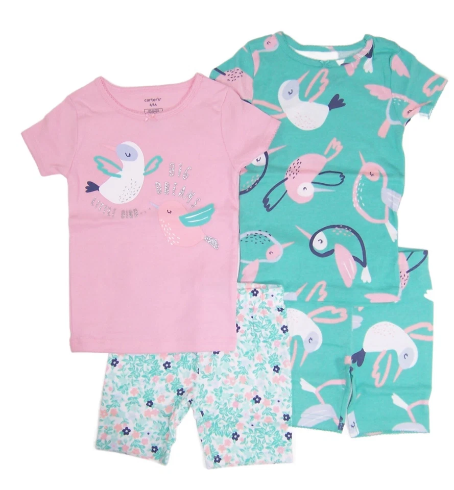 Conjunto de pijama Carters meninas tamanho 4 4 peças ajuste confortável novo com etiquetas camisa e shorts - Imagem 1 de 3