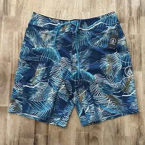 Volcom Manic 18.5" Boardshorts Blue Palm Print Hawaiian Swim Trunks Mens Size 31 - Picture 1 of 7