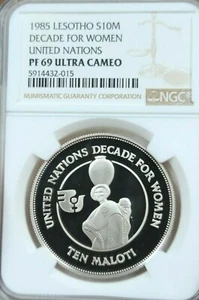 1984 LESOTHO SILVER 10 MALOTI DECADE FOR WOMEN NGC PF 69 ULTRA CAMEO SCARCE - Picture 1 of 4