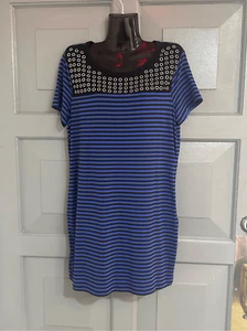 Abito Camicia Michael Kors Gromit Rigato Manica Corta Tg L Blu Nero - Foto 1 di 5