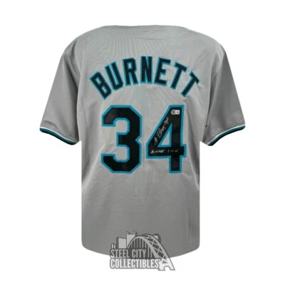 Camiseta deportiva de béisbol gris personalizada autografiada por AJ Burnett No Hitter INSC Florida - BAS Foto 1 de 2