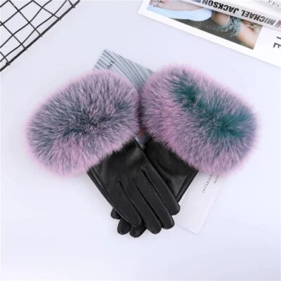 Real Sheepskin Fur Gloves Women's PU Leather Glove Warm Fluffy Fur Oversized - Image 1 of 4