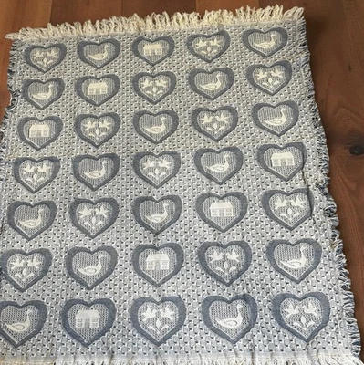 Vintage Cotton Jacquard Afghan Throw Blue White Cottagecore Farmcore Grannycore - Image 1 of 3